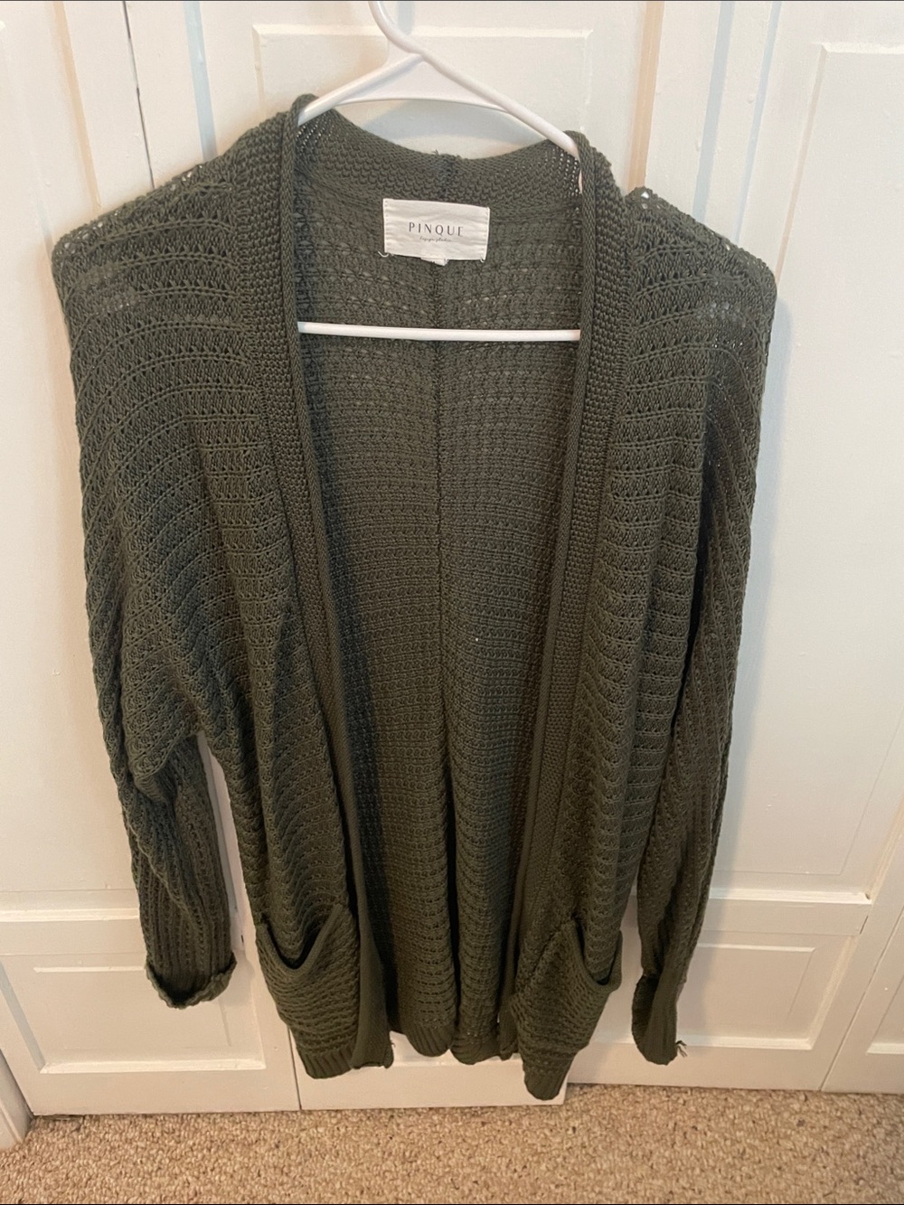 Pinque Olive Open-Front Knit Cardigan with Pockets